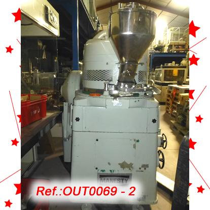 MANESTY RS-3 MODEL 20 STATION TABLET PRESS WITH PRECOMPRESSION AND WITH ONE SET OF ROUND 28.4mm DIAMETER PUNCHES